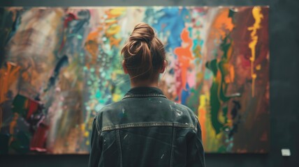 A person viewing a colorful abstract painting in an art gallery