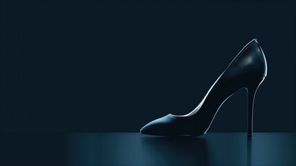 Black high heel shoe on dark reflective surface - obrazy, fototapety, plakaty
