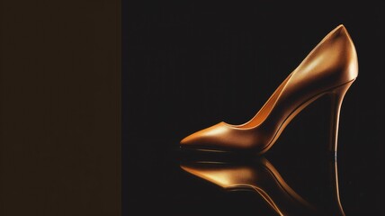 High heel shoe on reflective surface, golden hue