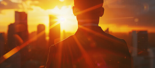 close up of a Businessman Superhero With Sunset In City