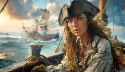 High seas adventure: a daring pirate, captivating piracy, treasure hunt, ship battle, adventure, danger, and the spirit of maritime legends - obrazy, fototapety, plakaty