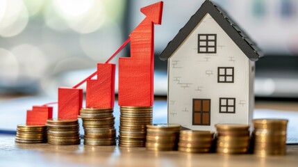 Red graph rising above stack coins and house model generative ai