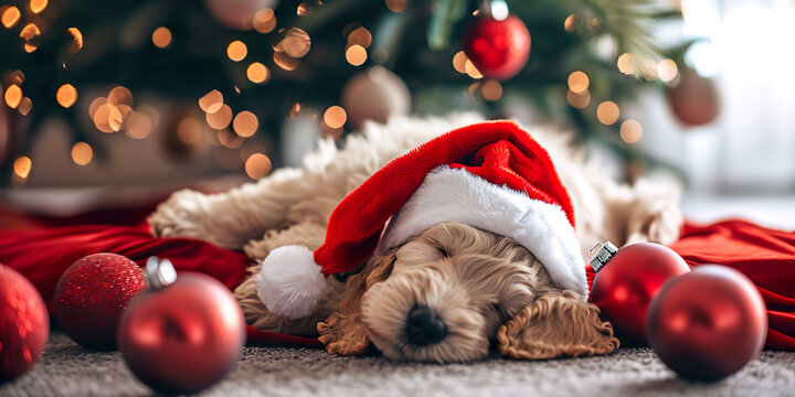 Cocker spaniel puppy wearing santas hat and sleep