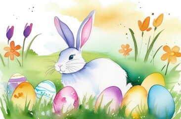 Holiday celebration banner with cute Easter bunny with decorated eggs and spring flowers on green spring meadow. Rabbit in landscape. Happy Easter greeting card, banner, festive background.Copy space