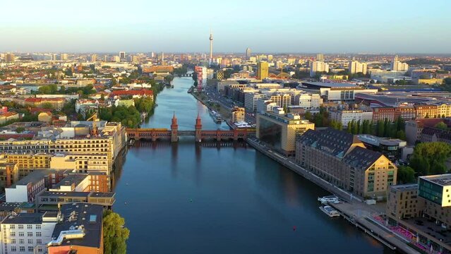 Berlin city skyline aerial view drone footage of city berlin downtown fly over brdige.