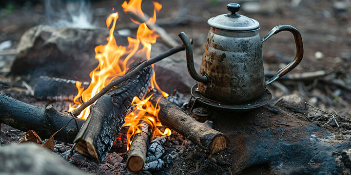 Coffee pot on campfire. Small kettle is heated
