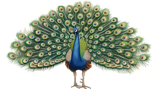 Real peacock illustration, showing its vibrant, detailed plumage generative ai