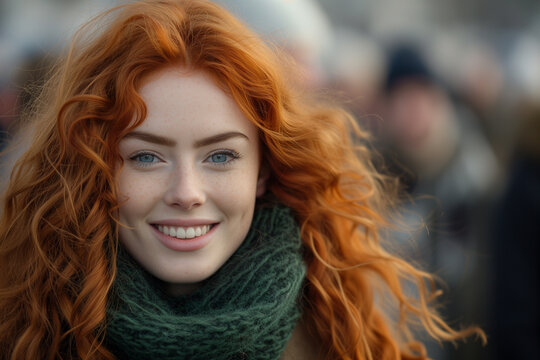 Beautiful Irish girl, young woman, with red hair, looking at the camera, smiling charmingly