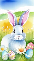Holiday celebration banner with cute Easter bunny with decorated eggs and spring flowers on green spring meadow. Rabbit in landscape. Happy Easter greeting card, banner, festive background.Copy space