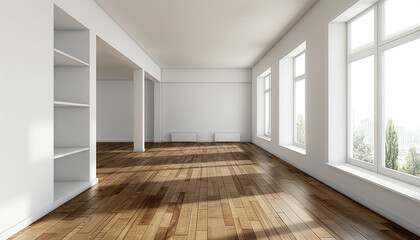 Interior of empty home living room with wooden floor