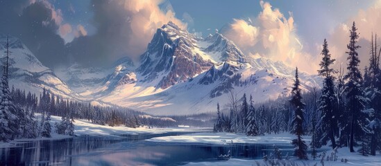 A captivating landscape painting showcasing a majestic snow-covered mountain overlooking a serene lake in the foreground.
