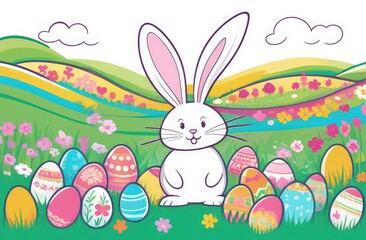 Obraz na płótnie Canvas Holiday celebration banner with cute Easter bunny with decorated eggs and spring flowers on green spring meadow. Rabbit in landscape. Happy Easter greeting card, banner, festive background.Copy space