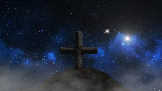 stone cross with night stars background.