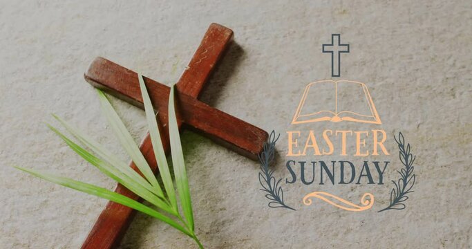 Animation of easter sunday text over cross and palm leaf on grey background