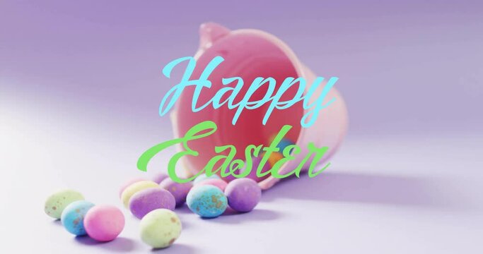 Animation of happy easter text over colourful easter eggs and pink bucket on purple background