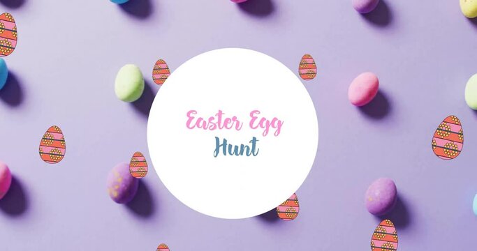Animation of easter egg hunt text over colourful easter eggs on purple background