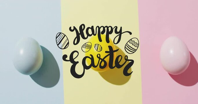 Animation of happy easter text over colourful easter eggs on pink, yellow and blue background