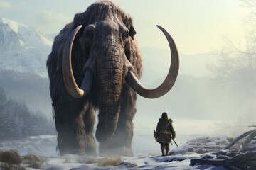 Prehistoric mammoth with woman. Primitive animal. Generate Ai - obrazy, fototapety, plakaty
