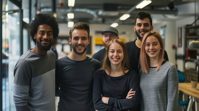 Diverse group picture of young freelancers man and woman standing looking at the camera