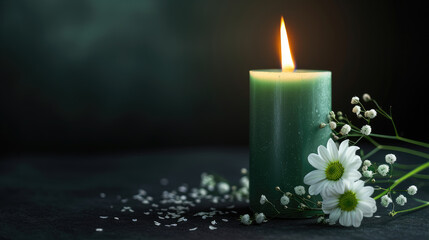 green lit candles and flowers