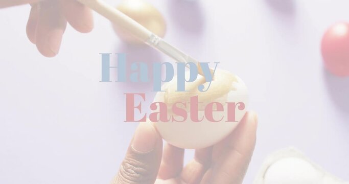 Animation of happy easter text over woman painting easter eggs on purple background
