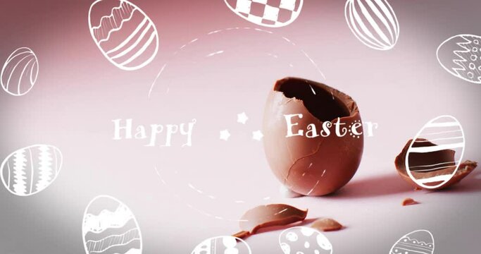 Animation of happy easter text over easter eggs and cracked chocolate egg on pink background