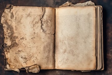 Time-Worn Open Antique Book. An open antique book revealing aged, weathered pages with historical text.