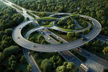 Lush Greenery Surrounding a Multilevel Highway Interchange with Smooth Traffic Flow and Urban Planning