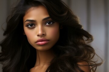 Pretty Latin supermodel. Gorgeous brunette model with straight hair. Generate ai - obrazy, fototapety, plakaty