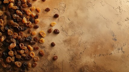 Scattered raisins on a textured surface