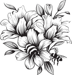 Serene Blossom Minimalist Black Vector Emblem Bee Harmony Black Vector Logo with Floral Element