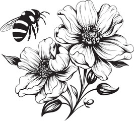 Botanical Ballet Black Vector Design with Bee and Flower Floral Tranquility Minimalist Black Vector Symbol