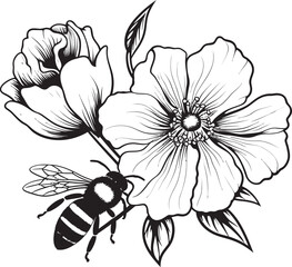 Petal Praise Minimalist Black Vector Symbol Botanical Bliss Black Vector Graphic with Bee and Flower