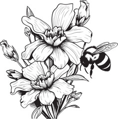Floral Flightpath Black Vector Flower Bud and Bee Iconography Harmony in Nature Minimalist Black Vector Design with Flower Bud and Bee