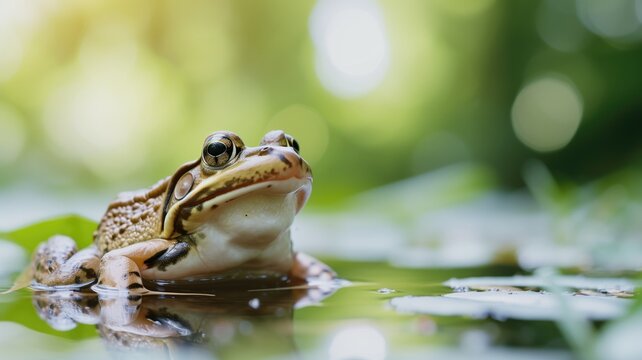 Frog on a lily pad in a tranquil pond setting