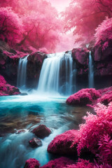 Waterfall in the fantasy pink forest