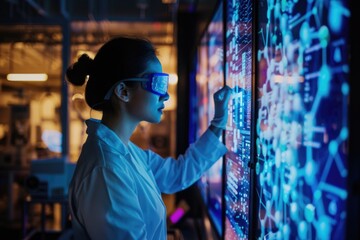 Female Scientist Interacting with a Futuristic Holographic Interface in a High-Tech Research Facility
