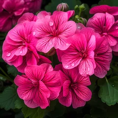 Foto op Plexiglas Blossoming Summer Beauty: Bright and Vibrant Pink Geraniums Amidst Lush Green Foliage © Roxie