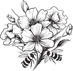 Botanical Ballet Black Vector Logo with Bee Floral Fantasy Minimalist Bee and Flower Emblem
