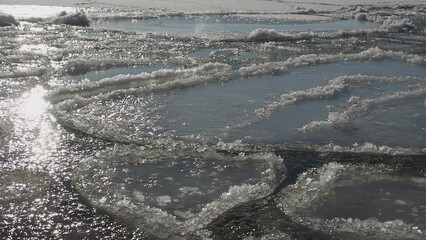 Detail close up: Pans of ice float on frozen surface of northern sea