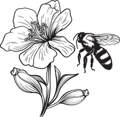 Bee Blessing Black Vector Logo with Blossom Tranquil Tranquility Minimalist Bee and Blossom Symbol