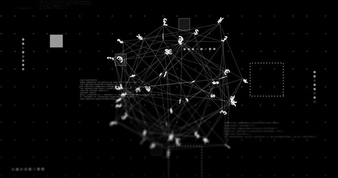 Animation of connections with currency signs and data processing over black background - Powered by Adobe