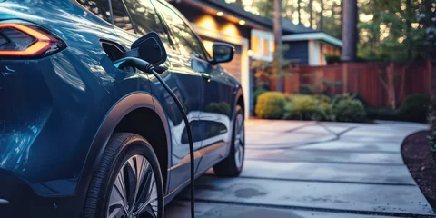 Fotobehang Electric Vehicle Charging at Home, Blur Focus on Car, Night Setting, Energy Efficient Transportation © zakiroff