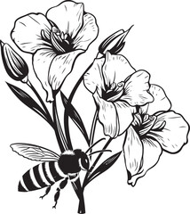 Floral Flight Black Vector Flower Bud and Bee Iconography Harmony in Bloom Minimalist Black Vector Design with Flower Bud and Bee