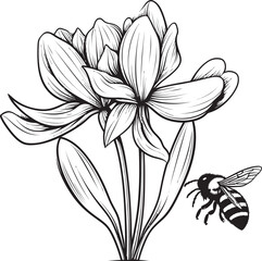 Bee Blooms Vector Flower Bud and Bee Emblem in Black Natures Canvas Black Vector Flower Bud and Bee Iconography