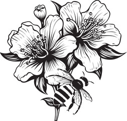 Petal Paradise Vector Flower Bud and Bee Logo in Black Garden Grace Black Vector Flower Bud and Bee Symbol