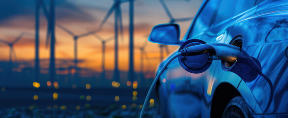 Electric Vehicle Charging at Sunset with Wind Turbines, Sustainable Energy Concept with Modern Car. Banner with copy space