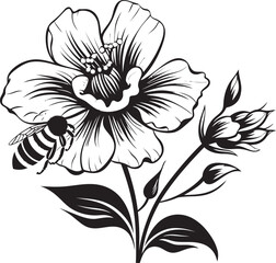 Bee Ballet Vector Flower Bud and Bee Emblem in Black Floral Flight Black Vector Flower Bud and Bee Iconography