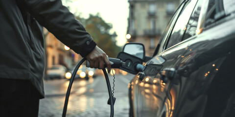 Obraz premium Person Charging Electric Vehicle on City Street at Dusk