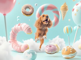 ice cream fantasy pastel , cat and dog in bakery land, soft Pastel sweet and flower on sky, dog and cat flying in candy land